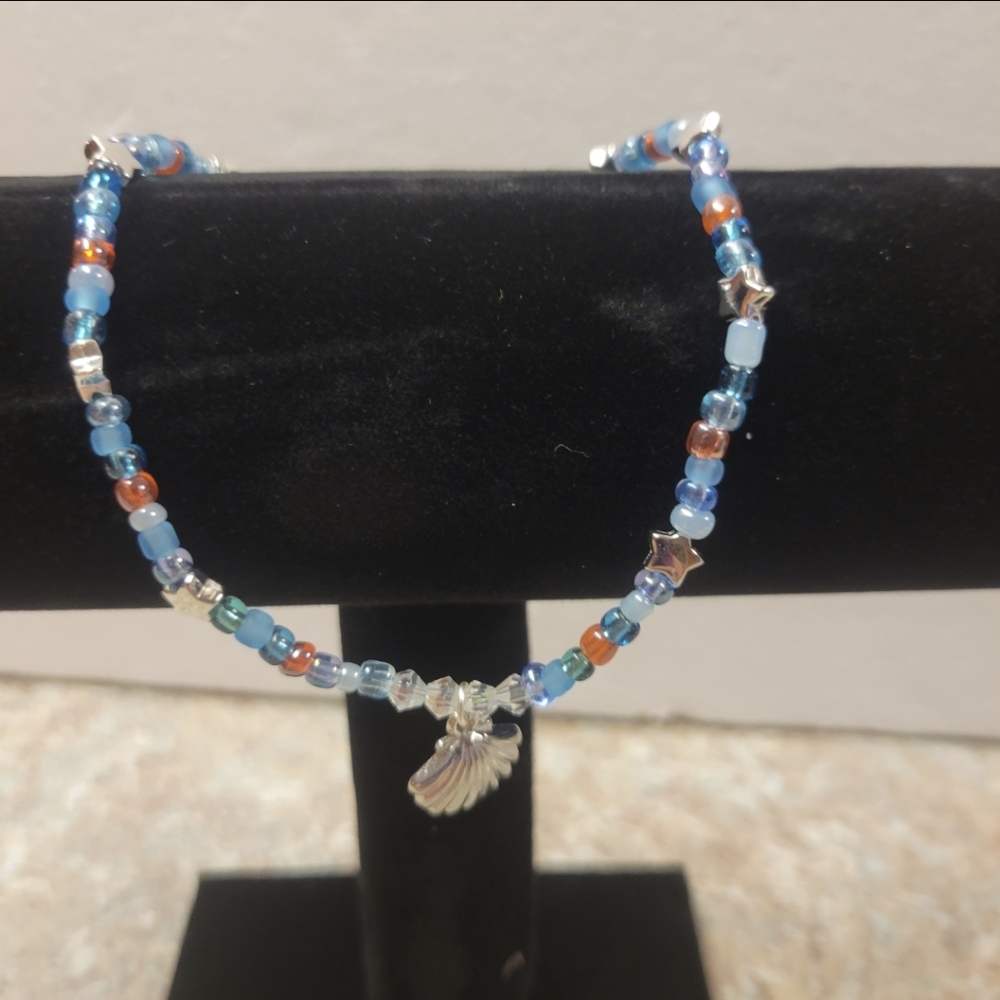 Hand Crafted Silver, Blue, Clear, and Orange Bead Ankle Bracelet w/Sea Shell